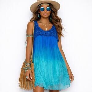 Y2K Silk Fairy Boho Blue Ombré Mini Dress Concert Whimsy Mermaid Resort Festival